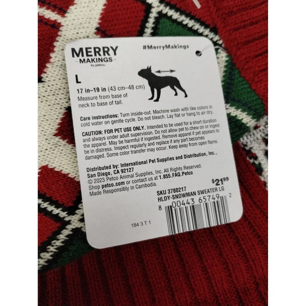 Merry Makings Snowman Plaid Pet Sweater Dog Large 17 to 19 inches Red Green